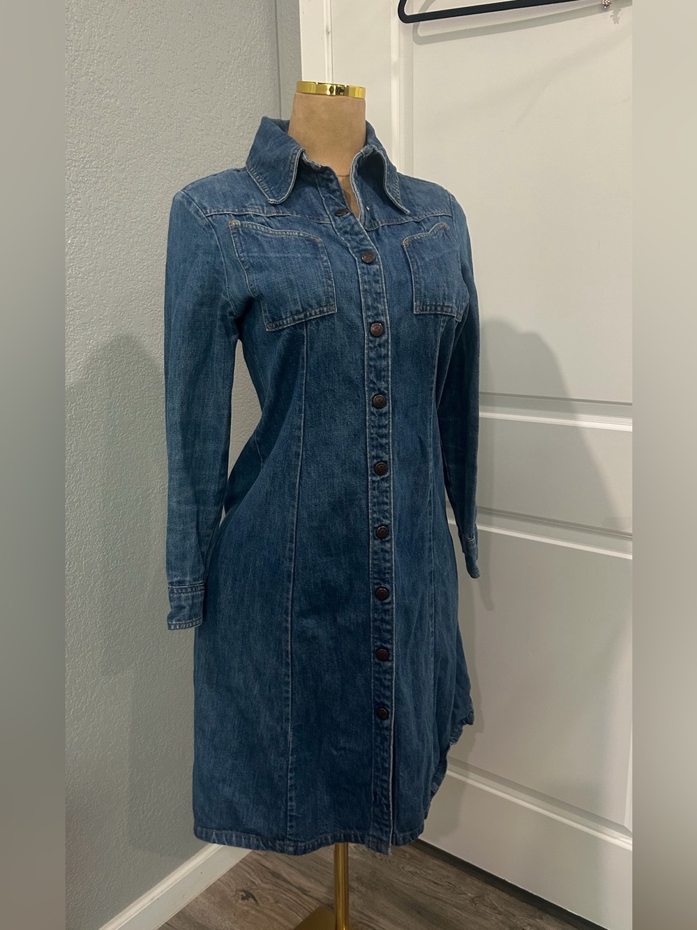 Women’s Dark Blue Denim Shirt Dress with Long Sleeves